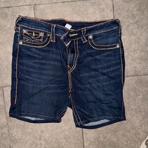 True Religion Indigo Denim Shorts with Gold Stitching